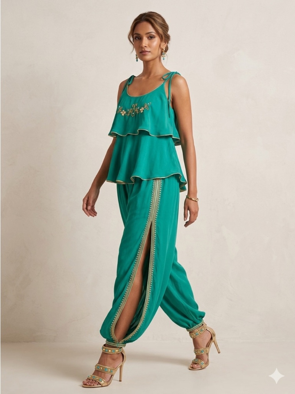Kabla Paris Prêt-à-Porter Teal Harem Set - Embroidered Acetate Blend size 1